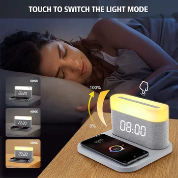 Безжична зареждане с дигитален будилник, led нощна светлина с регулируем 3 кутия, 15 W, пълноценната нощна лампа с регулируема яркост, спалня