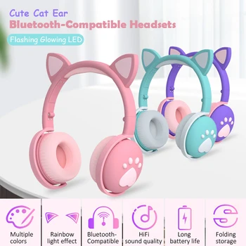 Безжични слушалки с кошачьими уши, Bluetooth-съвместима слушалка 5.0, режийни слушалки с микрофон, led слушалки за деца/подарък за момичета