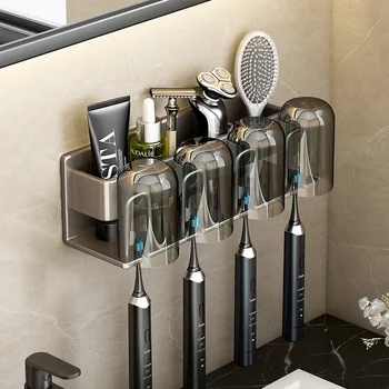 Безударный стенен държач за четка за зъби алуминиева сплав, поставка за паста за зъби, спестяване на пространство в банята, аксесоари за баня