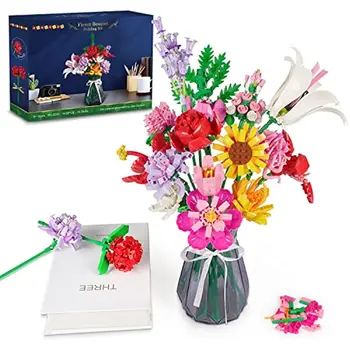Букет Цветя Строителен комплект - 1413 бр. цветни Ботанически тухли 18 Изкуствени Цветя Начало Декор, Рожден Ден за Възрастни и Деца Момичета