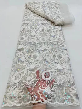 Бяла африканска мрежа лейси плат с пайети 2023, благородна лейси плат, Нигерия, за продажба на 5 ярда за шивашки сватбена рокля, 5 ярда