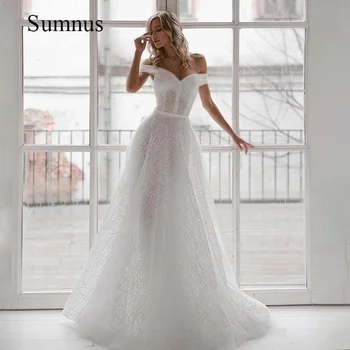 Бяла сватбена рокля на принцеса с открити рамене, V-образно деколте, панделка, в елегантна рокля на булката 2022, лятна сватбена рокля по поръчка