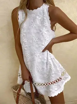 Бяло лятото ново модно женствена рокля на бретелях без ръкави в европейския и американския стил, с красиви дамски рокли трапецовидна форма със свободна засаждане на талията