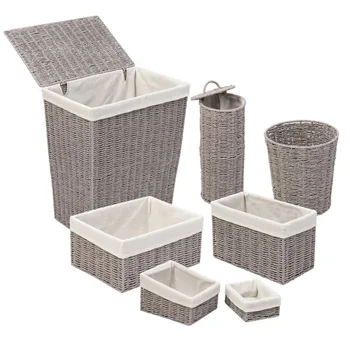 Висококачествен набор от кошници за съхранение в банята Honey Can Do от 7 теми, изтъкан от сива усукана хартия въже. Идеалното решение за дома организация