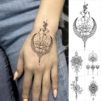 Водоустойчив временни татуировки, етикети, луната лотос, ръчно рисувани с къна, цвете мандала, флаш татуировка, женски, мъжки, боди арт, малки татуировки