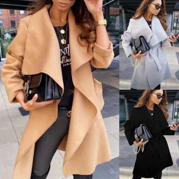 Вълна палто за жени 2023, есенно-зимния нов завързана жилетка с дълъг ръкав, вълна палто, якета за жени