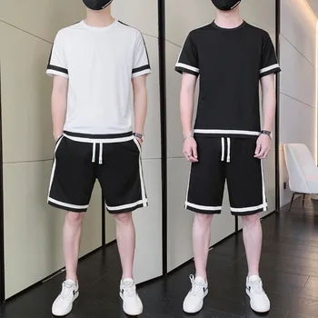 Годишният нов случайни комплект 2023, мъжки свободна тениска от ледената коприна с къс ръкав, комплект от две части, спортно облекло, мъжко облекло