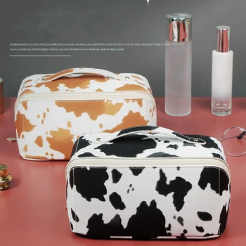 Голяма пътна косметичка с шарени крави и Зебра, чанта за грим, преносим кожена чанта за съхранение, модни дамски чанта за тоалетни принадлежности в банята