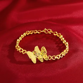 Гривна от истинско злато 18 Карата покритие за жени Елегантна двойна верига-пеперуда Сватбена декорация, Подаръци за рожден ден за приятелка Бижута