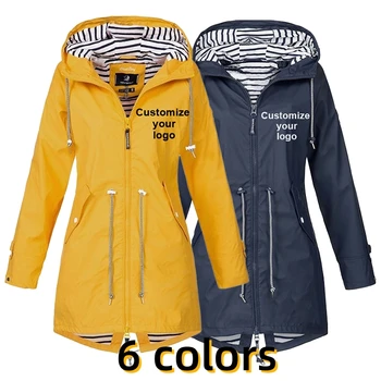 Дамски есенна мода водоустойчив яке с цип с завязками, регулиране на логото си, дъждобран с качулка, градинска ветрозащитная яке