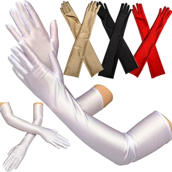 Дамски официални ръкавици за партита, обикновена гладки сатенени ръкавици без пръсти с дълги пръсти, за дейности, червен, бял, розов цвят