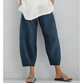 Дамски памучни ленени панталони, свободни удобни зреещи с еластична гумена лента за кръста, реколта обикновена ежедневни панталони с джобове, широки панталони, скъсяване на панталон