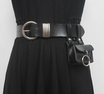 Дамски подиумная модни черна чанта от естествена кожа с широки колани, женствена рокля, корсет, колан, бижута за колан, широк колан R1479