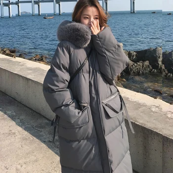 Дамски тъмно сиво naka дрехи с много кожа яка, топло корейското палто с качулка, модерно дълго ветрозащитное пуховое палто с подплата, върхове, зимни