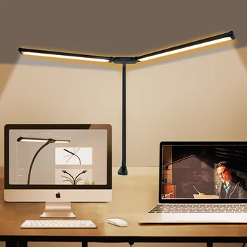 Двухголовочная светодиодна настолна лампа Офис Работна спалня нощна светлина за четене 3 цветови режим Защита на очите Настолна лампа, за да се учат с регулируема яркост 10