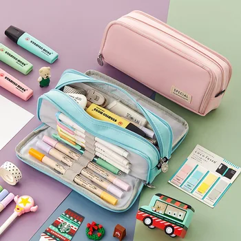 Детска чанта за писалки и моливи, платно за носене в контрастен цвят, молив случай е с голям капацитет, чанта за съхранение на канцеларски материали, органайзер за студентски подарък