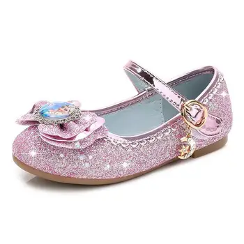 Детски обувки под сватбена рокля за момичета, детски обувки на принцесата с лък лилав цвят, кожени обувки за момичета, ежедневни обувки на плоска подметка
