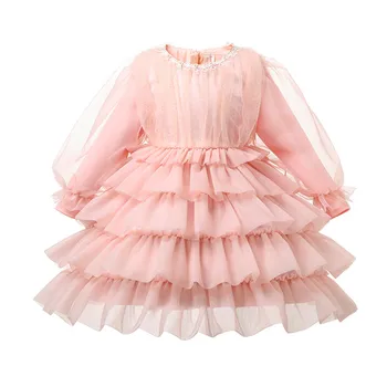 Детско многослойно рокля за пролет, сватбена рокля за момичета, дантелено принцеса рокля с ръкави-фенерчета, празнична детски дрехи от 1 до 6 години, розово