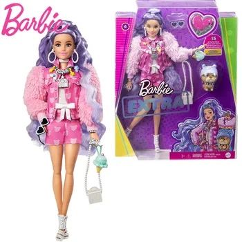 Допълнителна кукла Барби № 6 в деним яке с розов принтом плюшено мече и шорти в тон, множество шевове, играчка на Барби подарък за момичета GXF08