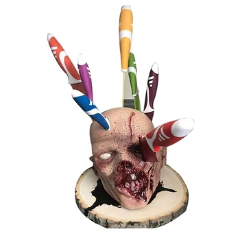 Дървен държач за съхранение на ножове под формата на черепа, украса за съхранение на черепа на Хелоуин, украса за настолни партита