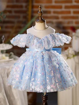 Елегантна бална рокля с цветя модел с едно рамо, рокля на принцеса с кръгло деколте и перли, милото детско рокля за парти в чест на рождения ден, плиссированное рокля с цветя модел за момичета