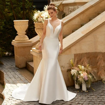 Елегантна сватбена рокля на спагети презрамки с V-образно деколте и с отворен гръб, русалка, висококачествени секси сватбени рокли за църковните сватбени услуги