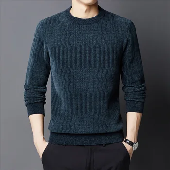 Есенно-зимния мъжки топъл пуловер от синельного плюшени, вязаный, с кръгло деколте и дълъг ръкав, младежки, от висок клас, оборудвана, всекидневни пуловер