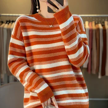 Есенно-зимния нов дамски пуловер от 100% вълна и кашмир, всекидневни пуловер с кръгло деколте, свободно модерен вязаный топ райе, сако