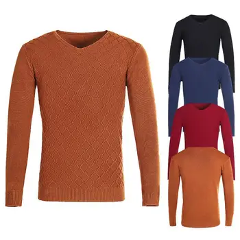 Есента нов мъжки обикновен пуловер с V-образно деколте, модерен пуловер в доп клетка, тънък вязаный спускане, пуловер
