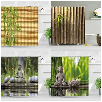 Завеса за душ със зелен бамбуковым буда в Дзен стил, пейзаж, водна свещ, каменна растение Лут, градински пейзаж, водоустойчив завеса за баня