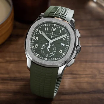 Зелени луксозни кварцови часовници за мъже, хронограф с автоматична дата, crystal 2023, нова 50-метрова водоустойчив ръчен часовник от естествена гума и стомана 316