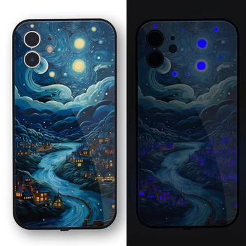 Калъф за Флуоресцентна огнища от закалено Стъкло в стил Ван Гог Blue Town Night Sky Съвместим с iPhone 7 8 Plus X XR Xs 11 12 13 14 Pro