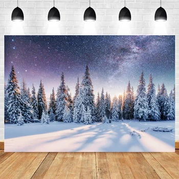 Коледен фон за снимки на борова снежна пейзаж, зимата на фона на звездното небе, детски фотофон за фото студио
