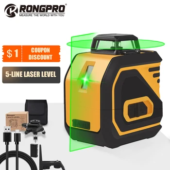 Комплект за лазерни ниво Rongpro с 5 линии 3D Cross Line Osram, зелен лазерен лъч, самонивелирующийся статив за вертикално ниво 360 с магнитен L-образно основание