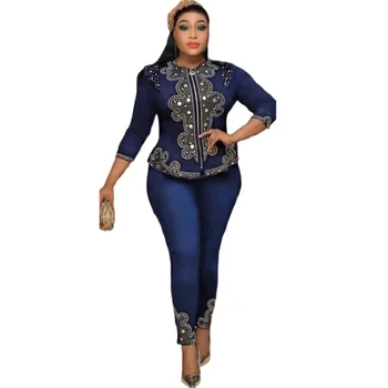 Комплект от 2 теми женски африкански дашики Анкара Дънки екипировки, Дрехи 2023 Лятна мода дънкови блузи и панталони брючные костюми Облекло