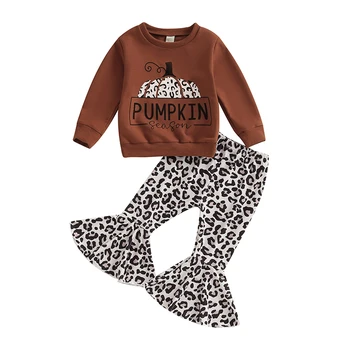Комплект от 2 теми за малките момичета за Хелоуин, блузи с дълги ръкави и принтом призрак на тиквата, ежедневни разтеглив разкроена панталони, комплект за есента на дрехи