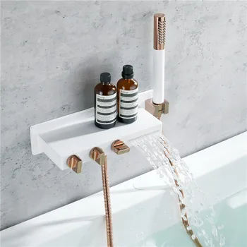 Комплект смесители за душ от бяло и розово злато и месинг, смесител за топла и студена вода, смесител за баня с ръчно монтиране на стена