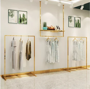 Коригира лого Скандинавски златна закачалка за сватбена рокля с покритие покритие, рафтове за търговски изложения на продукти, корейски тавана рафтове за магазин за дрехи