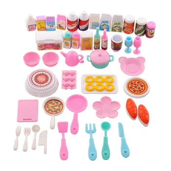 Куклена къща мини кухня храна на 43 бр Вечеря Барби вилица набор от японската чиния за пица прибори супа сладки бебешки играчки, кукли и аксесоари