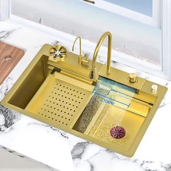 Кухненска мивка с водопад от неръждаема стомана 304, златни нано-мивка, голяма единична купа, модерен многофункционален мивка