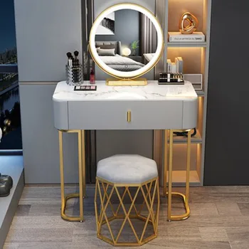 Луксозен бял тоалетка с огледални лампи, конзола шкаф, органайзер за тоалетна масичка за грим, предмети луксозни мебели