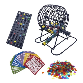 Луксозен комплект за игра на бинго с 6-инчов клетка за бинго, дъска за игра на бинго, 75 Цветни топки, 50 карти за бинго и 300 чипа за бинго