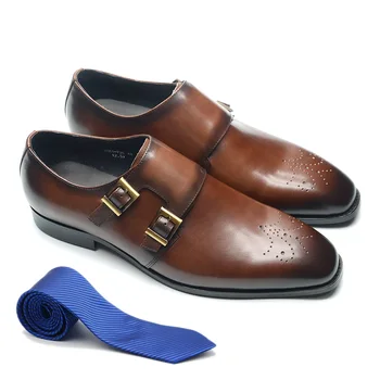 Луксозен мъжки официалната обувки от естествена кожа с монашеским каишка в италиански стил, двойни катарами, обикновен бизнес офис модела обувки с остър пръсти