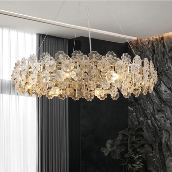 Луксозен полилей, модерна лампа за дневна, кристални цветя, декоративно осветление от арт стъкло