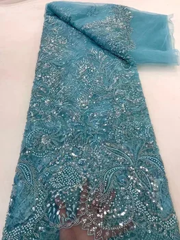 Луксозна бродирани мъниста африканска тюлевая лейси кърпа 5 ярда 2023, висококачествен френски тюл, пайети, нигерийски сватбени тъкан Asoebi, шиене
