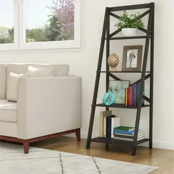 Луксозна домашна 4-степенна отделно стоящи bookshelf-стълбище с рамка, X-Back, черна