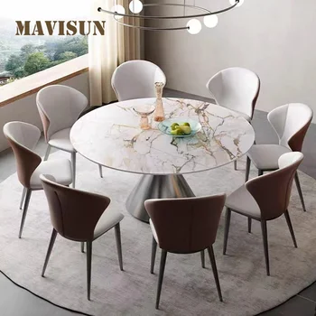Луксозна каменна плака в италиански стил, кръгла маса за хранене и столове, комбинация от лесен за съвременно размер, апартамент, домакински скандинавска кухня