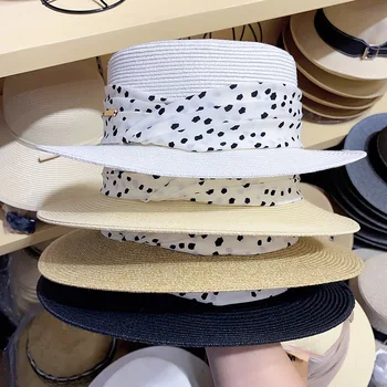 Лятна шапка с широка периферия, дамска сламена шапка на точки с плосък покрив, солнцезащитная шапка, плажна шапка, защита от слънцето, джаз шапка, Кентъки дерби