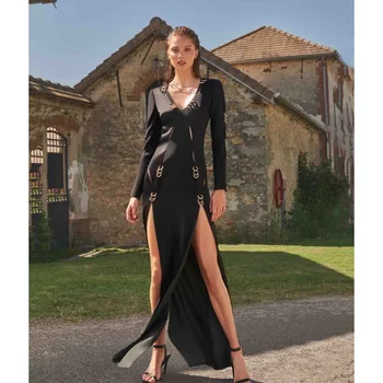 Лятното модно дебнещ дълга рокля с дълбоко деколте и дълги ръкави 2023, елегантна вечерна рокля с метален ринг и намаляване на пода