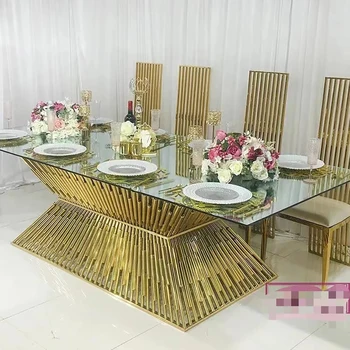 маса за хранене с 8 стола,масички със столове за хранене, модерна стъклена маса, маса за хранене от стъкло и злато